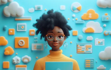 3D rendering of African American woman Coco in cloud computing set, managing cloud service server for storing and processing data, blogging, website, and promotional materials