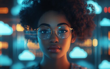 3D rendering of African American woman Coco in cloud computing set, managing cloud service server for storing and processing data, blogging, website, and promotional materials