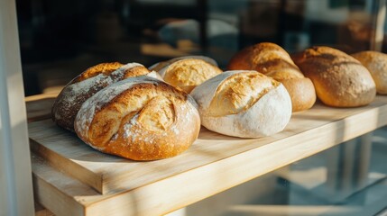 Assorted Gluten-Free Sourdough Breads in Rustic Bakery Window with Natural Sunlight