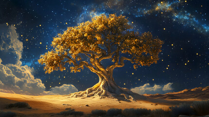 A massive tree in the middle of a desert, its roots glowing softly as they spread across the sand, with golden leaves that shimmer under a star-filled sky