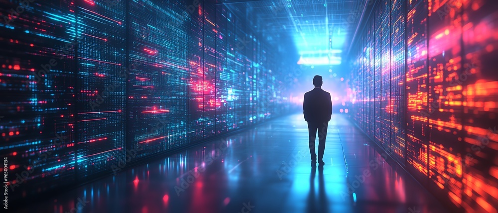 Fototapete 3D illustration of Qadir, male figure, engaged in big data and cloud computing, analyzing large data sets on remote servers, recognizing mistakes, actionable data concept