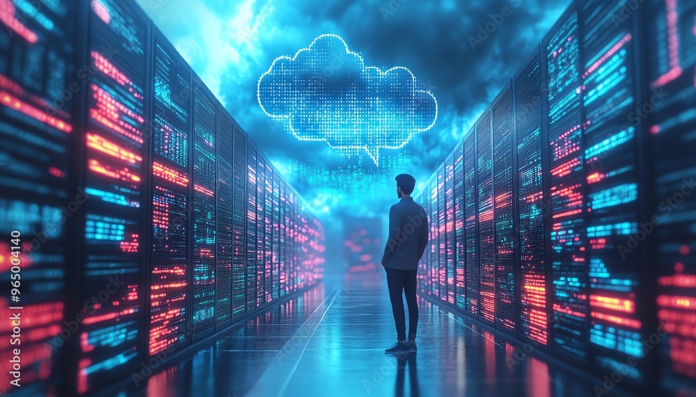 Poster 3d illustration of qadir, male figure, involved in big data and cloud computing, analyzing large dat