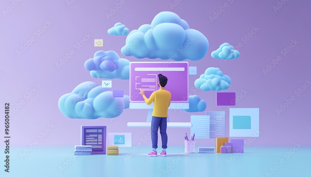 Poster 3D illustration of male user Qadir accessing cloud storage and uploading files, modern flat design cloud computing concept, data center infrastructure and service