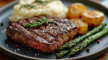 Grilled Steak with Mashed Potatoes, Roasted Potatoes and Asparagus