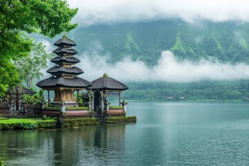 Obraz premium Ulun Danu Beratan temple at the edge of Lake Bratan, Bali, Indonesia , ai