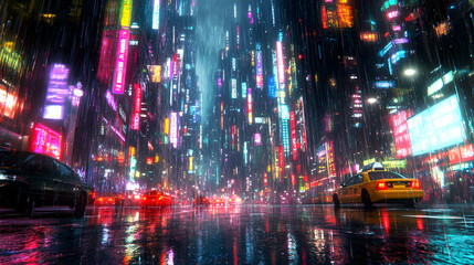 A city street where the rain falls upward, with glowing droplets rising into the sky, reflecting the neon lights of the buildings around them