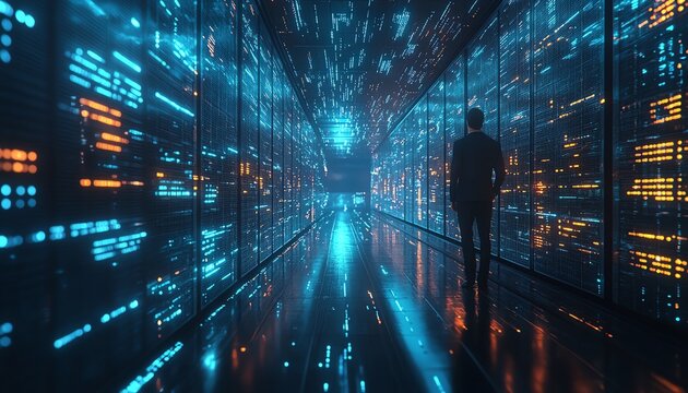 3D illustration of Qadir, male figure, involved in big data and cloud computing, analyzing large data sets with remote servers, recognizing mistakes, actionable data concept