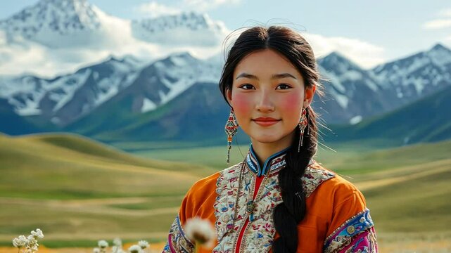 Beautiful Mongolian girl in traditional attire, standing in a meadow, with mountains in the background, showcasing ethnic beauty