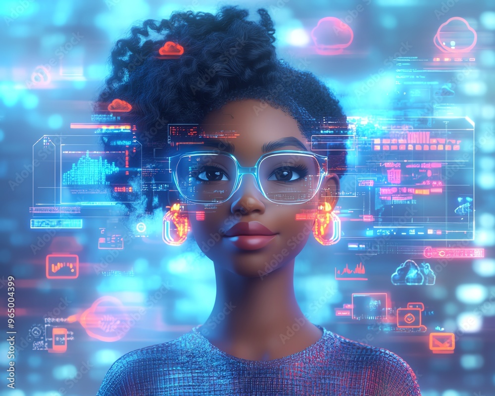 Leinwandbilder 3d illustration of african american woman coco in cloud computing concept, interacting with cloud se