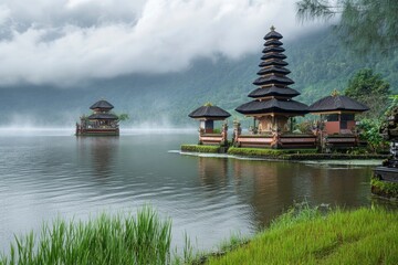 Obraz premium Ulun Danu Beratan temple at the edge of Lake Bratan, Bali, Indonesia , ai