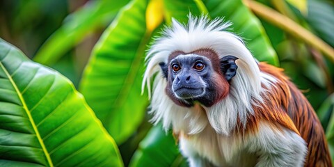 A stunning close up shot of a cotton top tamarin monkey perched on a vibrant tropical foliage, primate, small, macro, endangered, vegetation, exotic, green, forest, nature, tropical