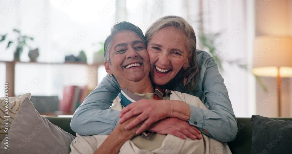 Wall mural Face, laughing and lesbian couple on sofa hug with smile and love in house for care, romance and bonding. Mature women, lgbtq and happy people embrace on couch together to relax in lounge in Canada