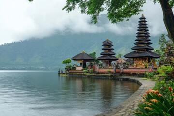 Ulun Danu Beratan temple at the edge of Lake Bratan, Bali, Indonesia , ai