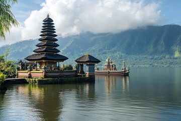 Obraz premium Ulun Danu Beratan temple at the edge of Lake Bratan, Bali, Indonesia , ai