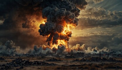 Large explosion with dark smoke clouds and fiery bursts in wasteland