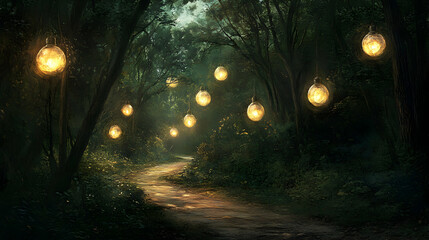 A forest path lined with lanterns that glow softly, with strange floating orbs of light drifting above the trees, casting eerie shadows