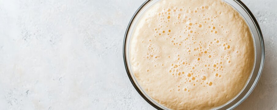 Gluten-free sourdough dough fermenting in a glass bowl, close-up on the air bubbles and fermentation process, soft background