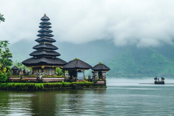 Obraz premium Ulun Danu Beratan temple at the edge of Lake Bratan, Bali, Indonesia , ai