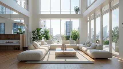 Fototapeta premium Bright and modern living room with large windows and comfortable furniture, creating a spacious and inviting atmosphere.