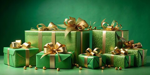 A festive display of green presents with gold bows and ribbons