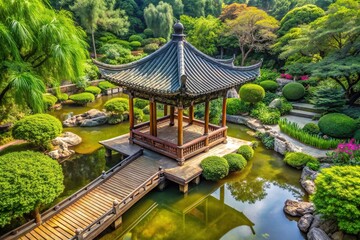 Fototapeta premium peaceful, Asia style, Asian culture, foliage, relaxation, high angle,idyllic, serene, landscape, An idyllic Asia style garden scene with a pavilion is captured from a high angle