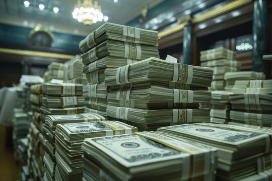 Stacks of cash in a rich, elegant setting, highlighting wealth and financial abundance in a luxurious environment.
