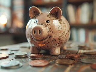 A charming piggy bank surrounded by coins on a wooden table, symbolizing savings and financial management.