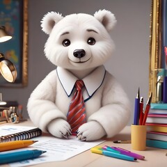 business white polar bear in suit and bow tie sitting at work desk, writing on a piece of paper. Generative AI.