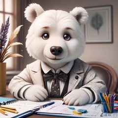 business white polar bear in suit and bow tie sitting at work desk, writing on a piece of paper. Generative AI.