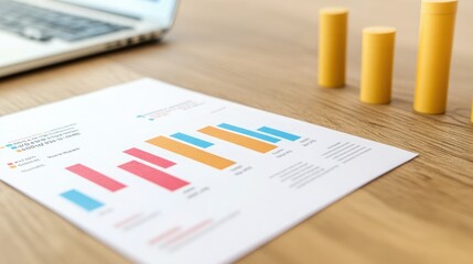 A close-up of a report featuring colorful bar graphs on a wooden table next to a laptop, reflecting data analysis.