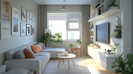 Fototapeta premium Small Living Room with Multi-Functional Furniture, Built-In Storage, and Smart Layout