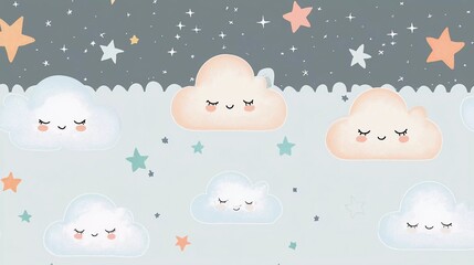 cute cloud and stars on nice pastel gray bottom border seamless pattern