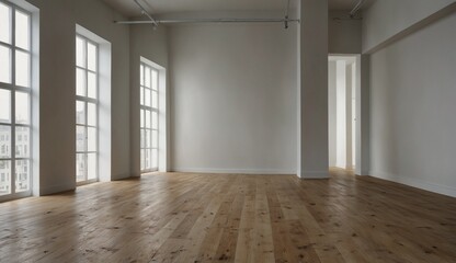 Obraz premium Empty room with wooden floor, large windows and white walls.