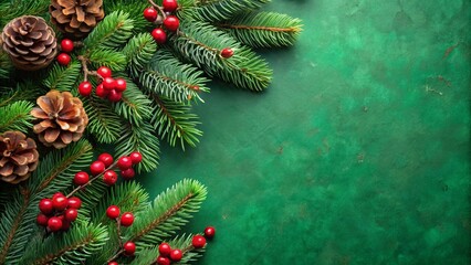 Green christmas background with pine cones and red berries on branches