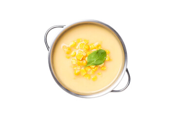 PNG, corn soup in a pot, isolated on white background.