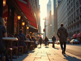 Obraz premium Urban City Street Scene at Sunset: Pedestrians and Cafe Culture in Bustling Metropolis