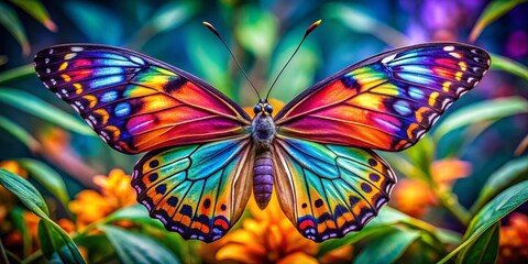 Vibrant butterfly unfurls its wings, revealing intricate patterns and vivid colors in a kaleidoscope of pinks, blues,