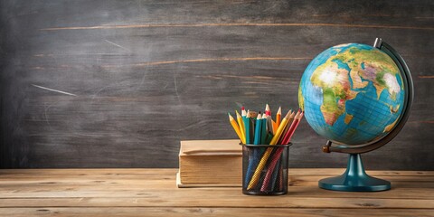 School essentials and globe on wooden table with chalkboard background