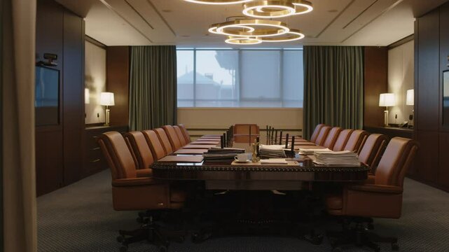 Zoom in no people shot of wooden meeting table with stacked files and documents in boardroom of law firm