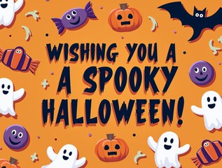 Wishing You a Spooky Halloween: Festive Cartoon Characters and Treats Greeting Card Design