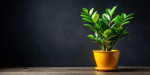Fototapeta premium A vibrant Zamioculcas plant sits in a sunny yellow pot adding a pop of color against the sleek black background while a hint of craft packaging adds a touch of unique charm