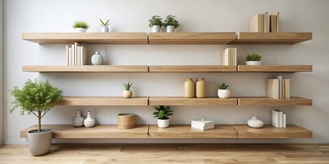 White oak shelves stand tall against a neutral background, creating a harmonious and functional storage arrangement