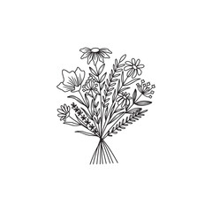 Flower bouquet vector. Hand drawn flower. Wildflower line art bouquets, wild plant, botanical vector illustration