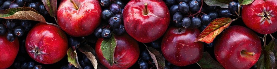 Close-up of aronia fruits and apples