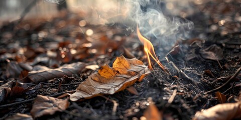 Illustrative depiction of scorched tree foliage and desiccated bay leaves with smoke, symbolizing wildfires; selectively focused.