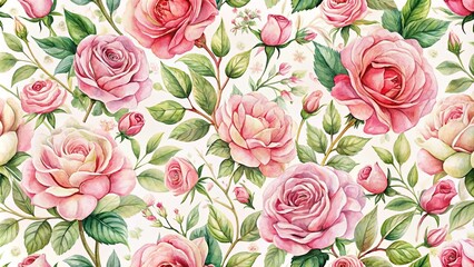 Watercolor clipart featuring a seamless pattern of pink roses, flowers, buds, and petals on a vintage floral background