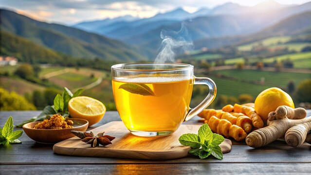 natural, wellness, tea, hot, herbal, cold, herbs, golden, panoramic view, flavorful, refreshing, spices, calm, healthy, Aromatic turmeric tea with ginger and lemon in a panoramic view