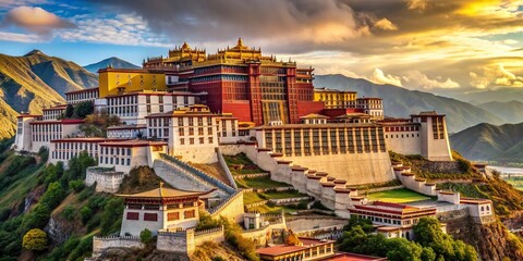 Obraz premium High angle view of the corner of the Potala Palace in Lhasa Tibet showcasing the intricate architectural details and vibrant red and gold colors, Lhasa, corner, intricate details, view, gold