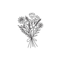 Obraz premium Flower bouquet vector. Hand drawn flower. Wildflower line art bouquets, wild plant, botanical vector illustration