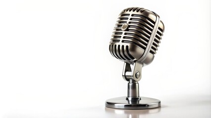 Fototapeta premium retro microphone, classic, instrument, microphone, broadcasting, equipment, music, singing, Vintage silver microphone isolated on a white background with a shallow depth of field